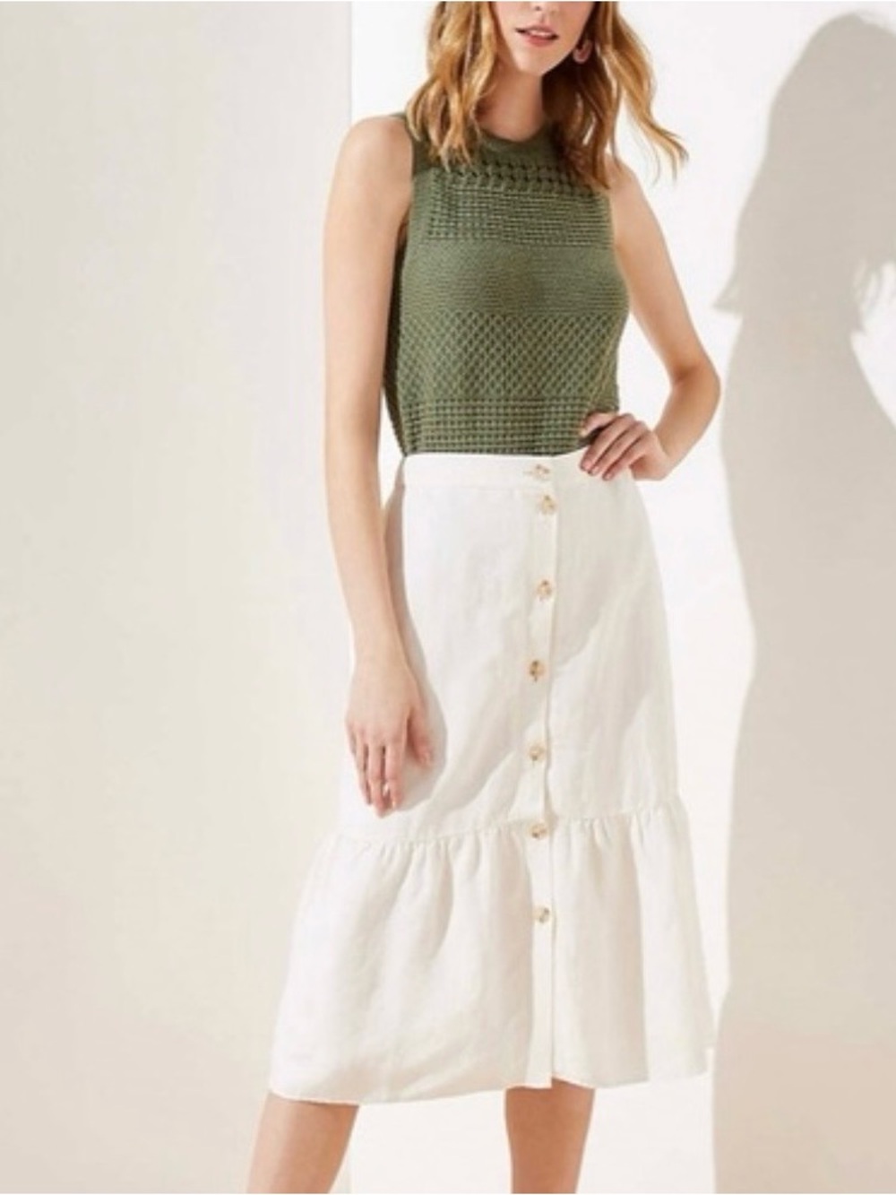LOFT Cream Button-Front Tiered Midi Skirt
